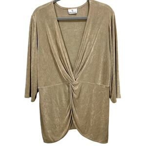 Vintage 1990s The Travel Collection Tan Twist Blouse Gold Faux-Wrap Womens 1X